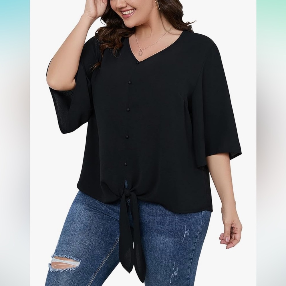 SCOMCHIC 2XL Black Boho 3/4 Sleeve Front Tie Blouse Amazon